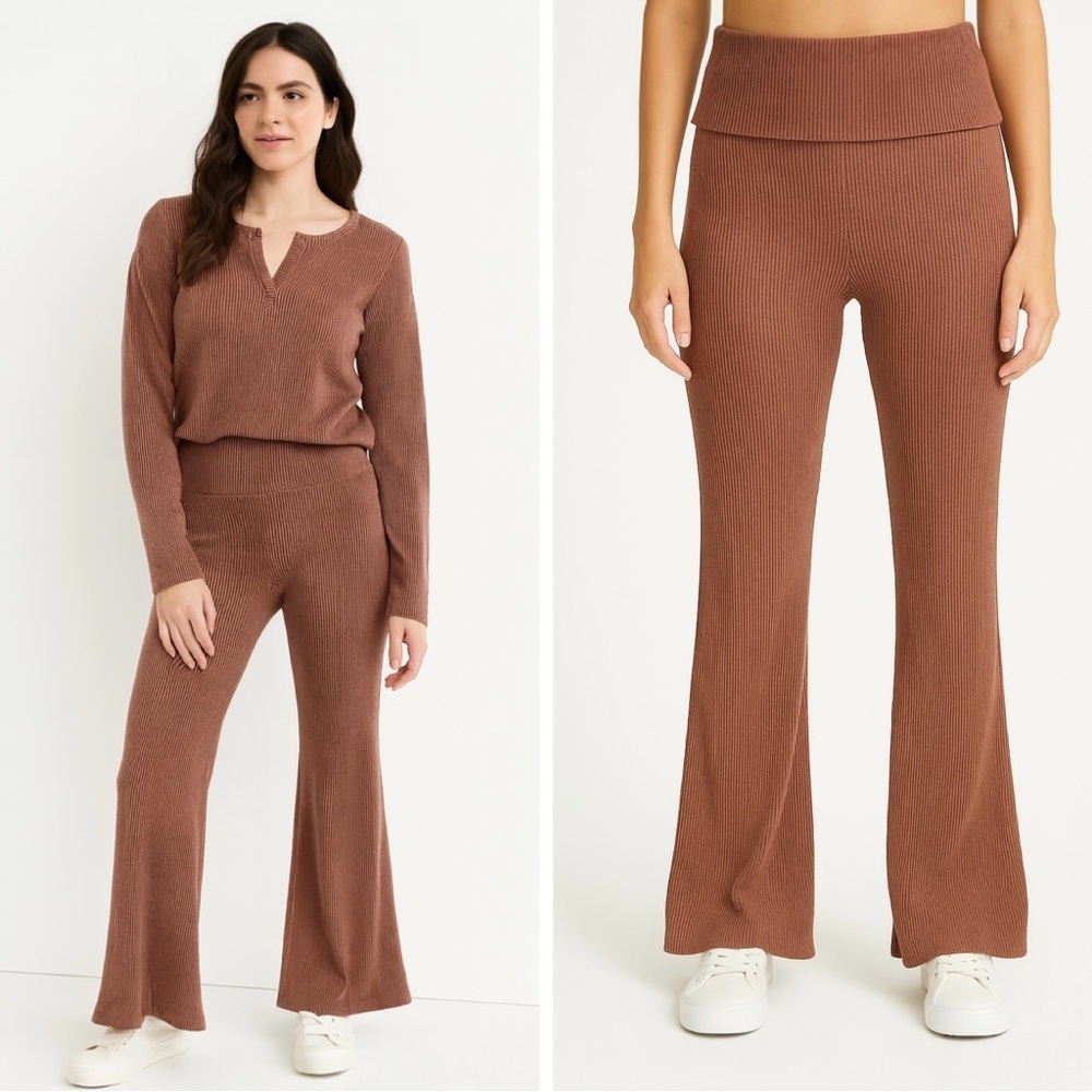 Urban Social Ribbed Foldover Waist Flare Leg Pants & Long Sleeve Henley Set
